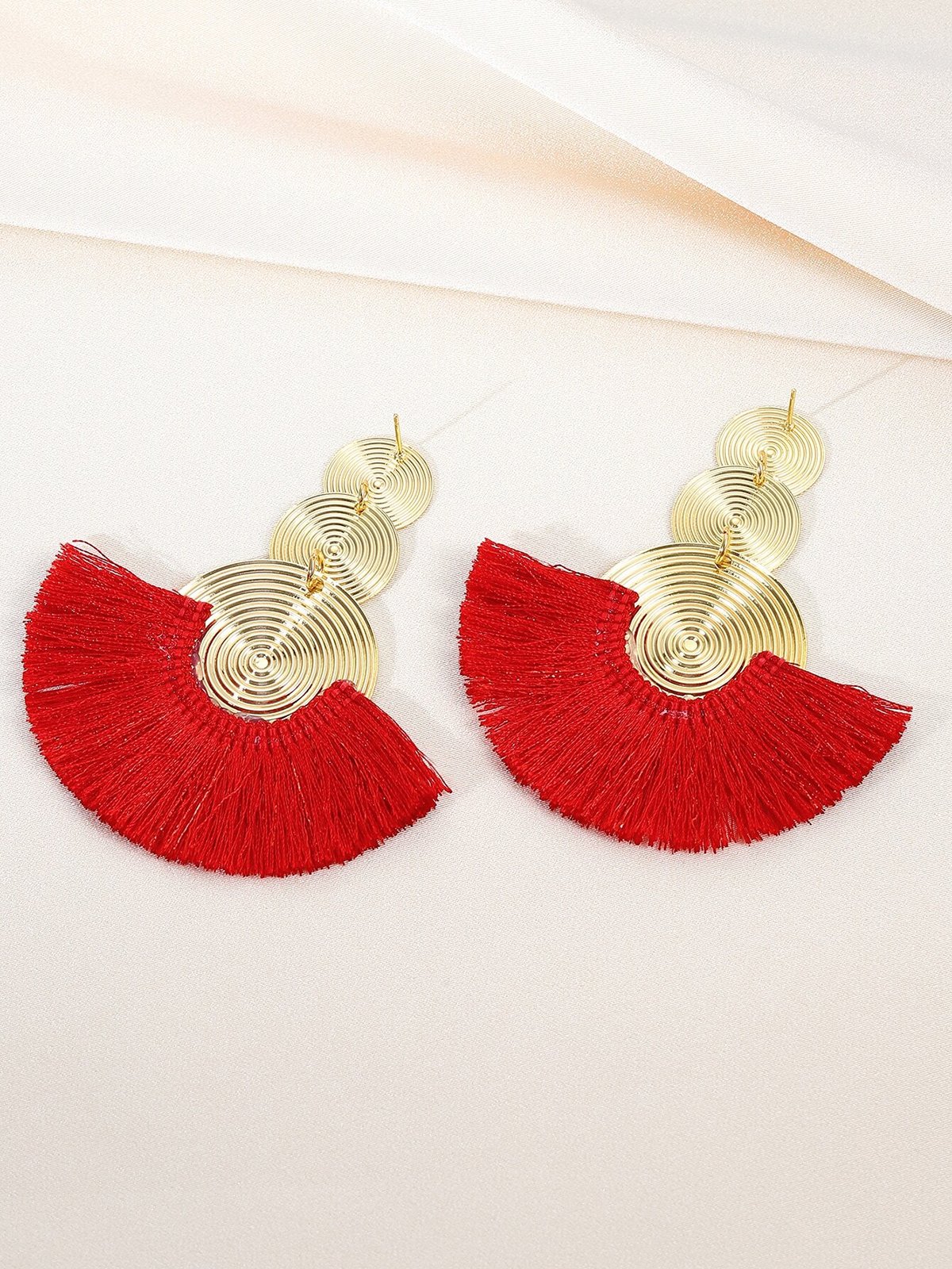 1pair Bohemian Exaggerated Metal Circle Fringed Drop Earrings