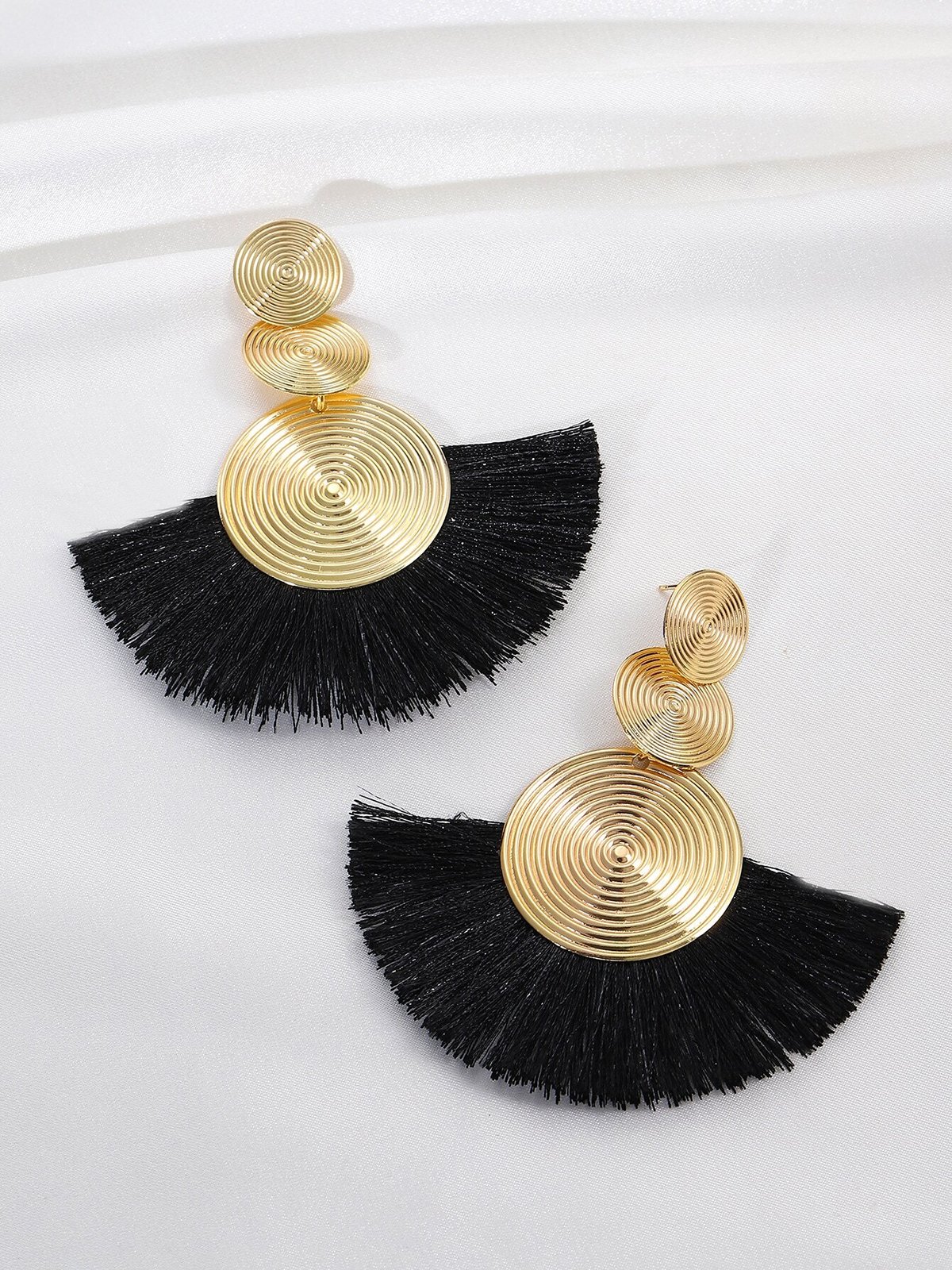 1pair Bohemian Exaggerated Metal Circle Fringed Drop Earrings