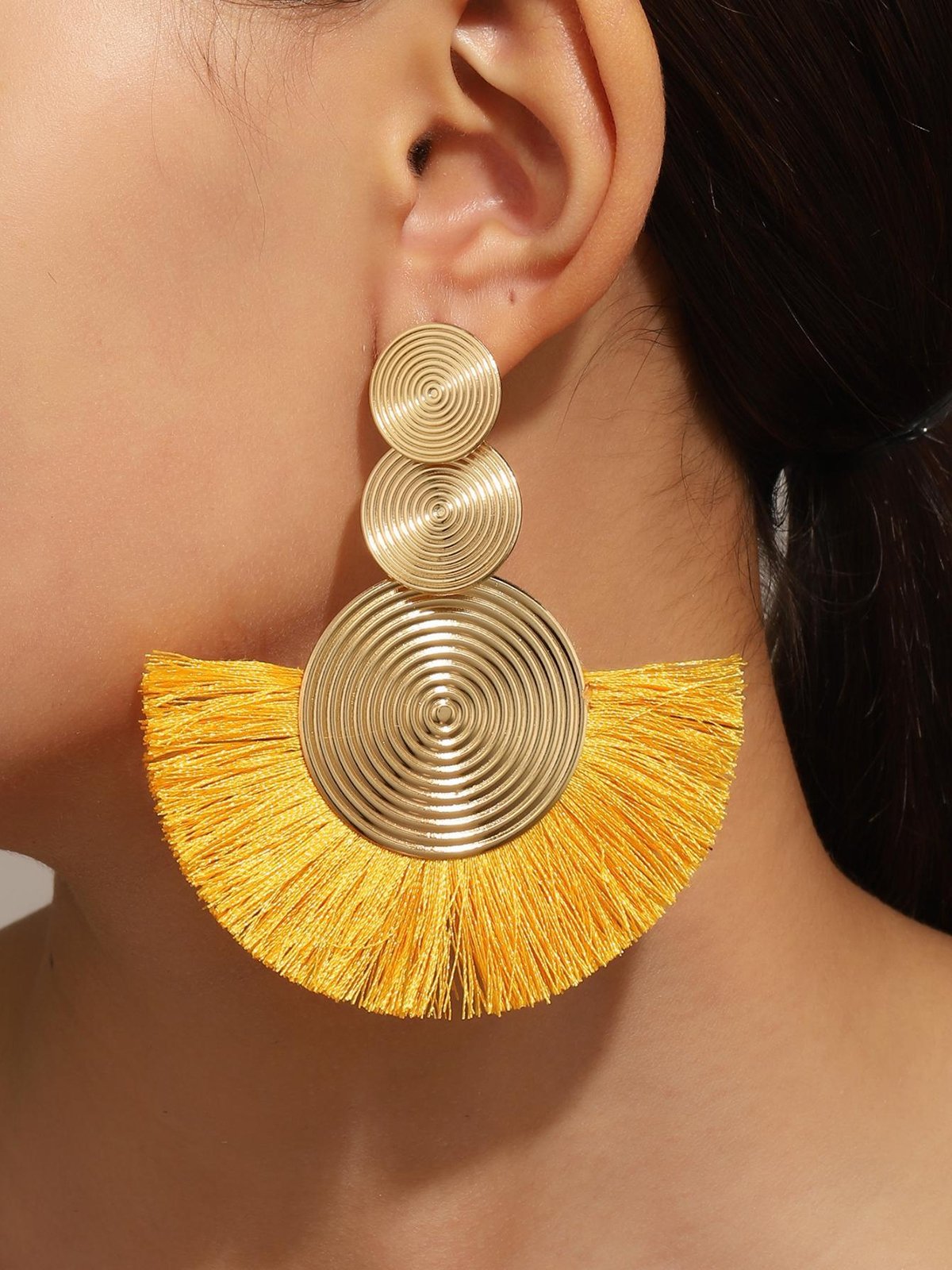 1pair Bohemian Exaggerated Metal Circle Fringed Drop Earrings