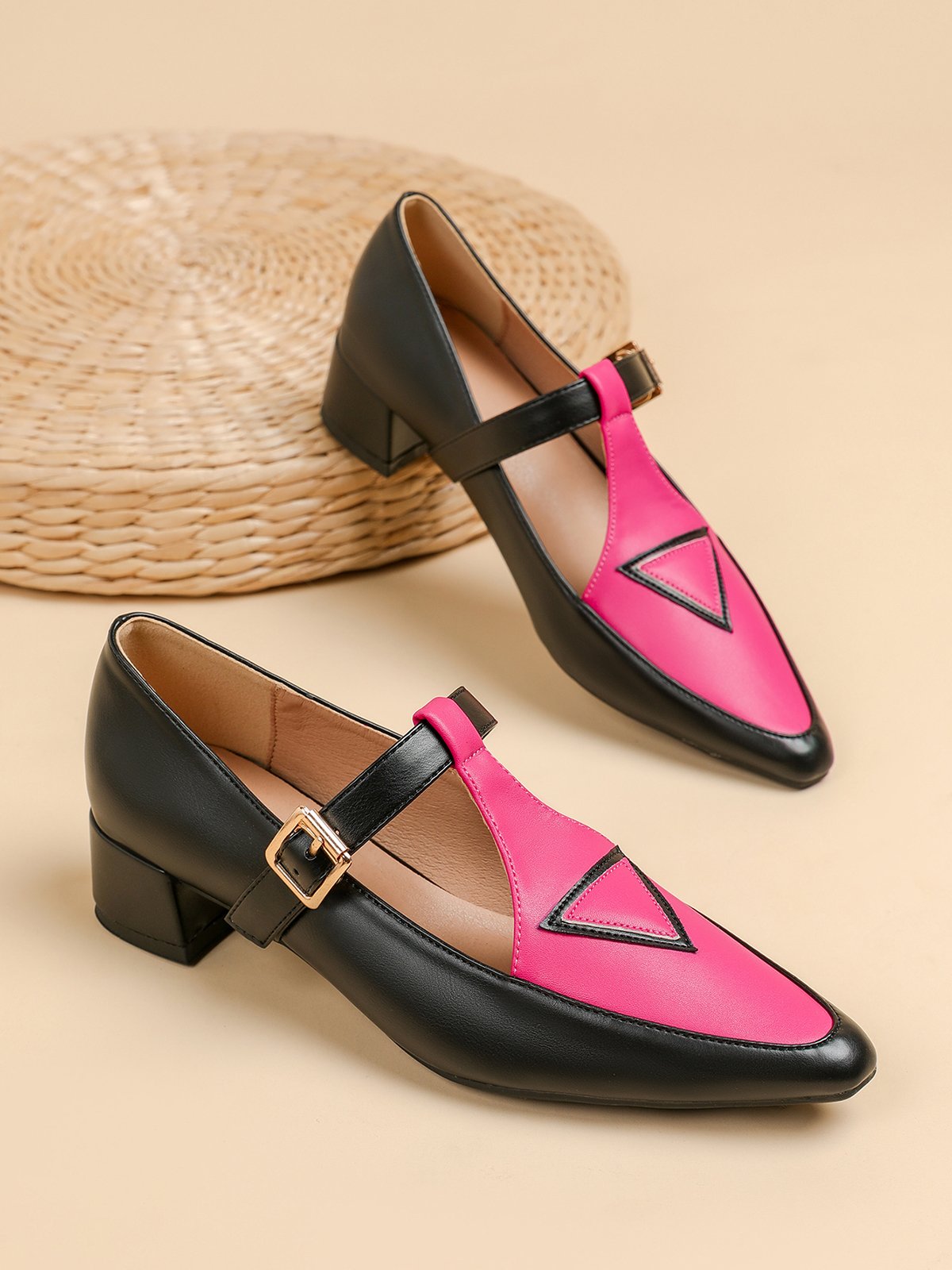 Urban Color Block Non-Slip Adjustable Buckle Low Heel T-Strap