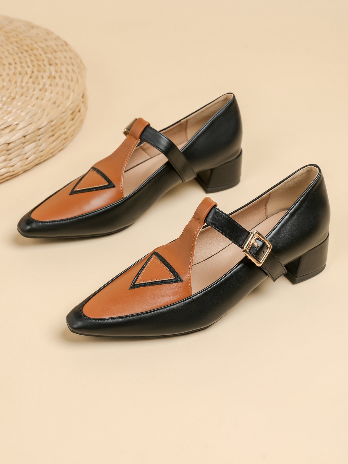 Urban Color Block Non-Slip Adjustable Buckle Low Heel T-Strap