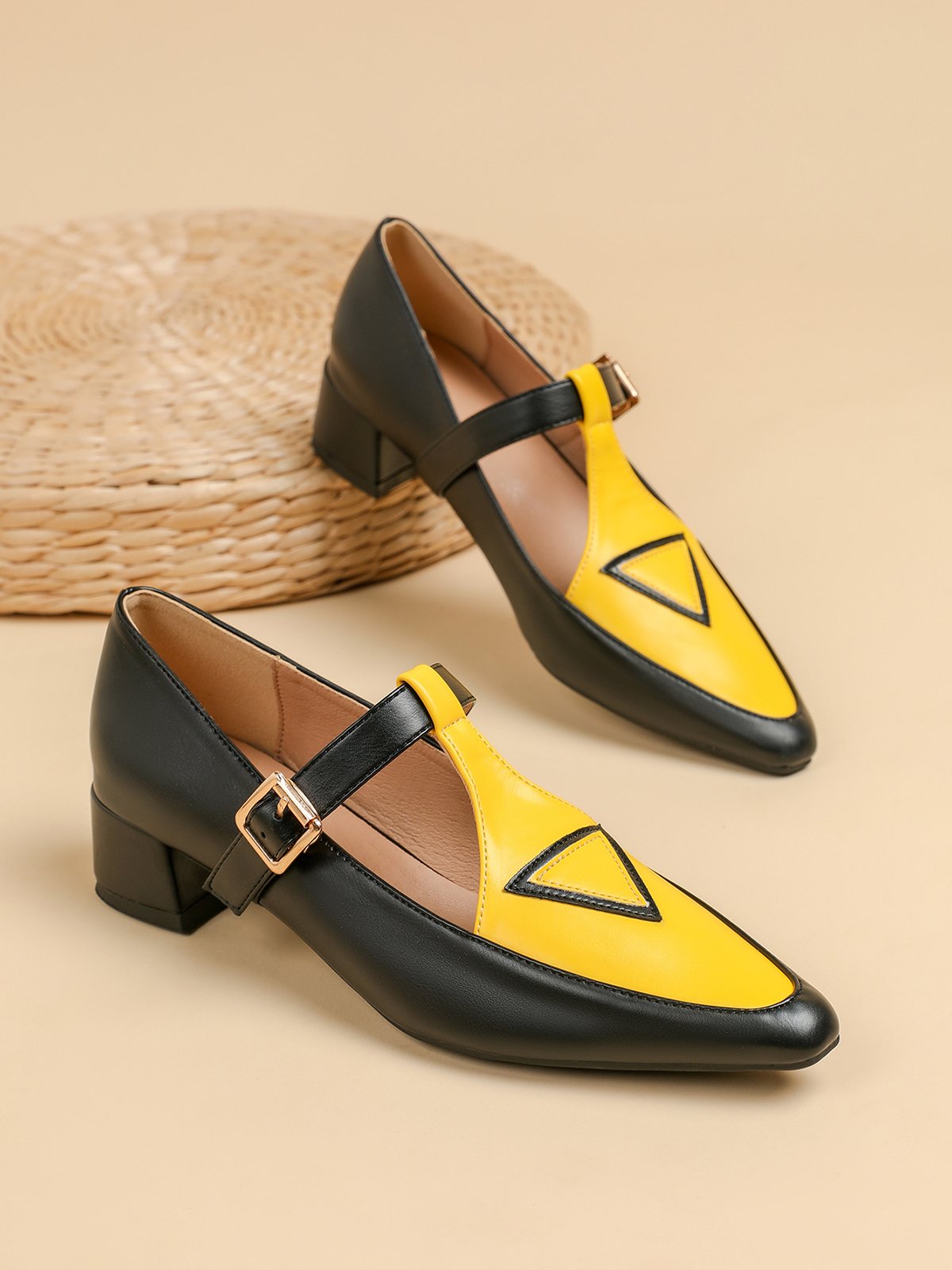 Urban Color Block Non-Slip Adjustable Buckle Low Heel T-Strap