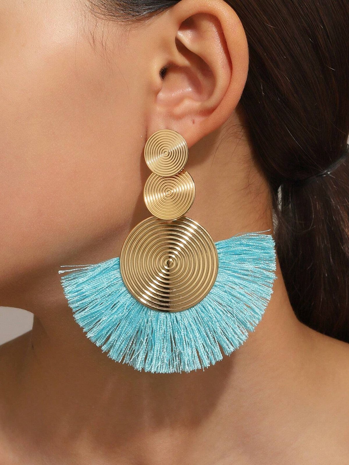 1pair Bohemian Exaggerated Metal Circle Fringed Drop Earrings