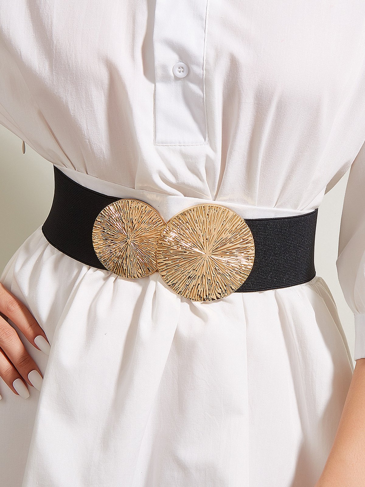 Round Buckle Elastic Wide Belt Elegant Dress Coat Girdle