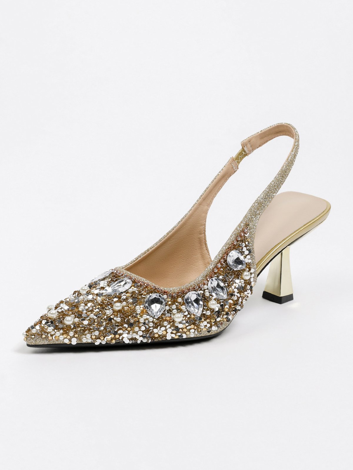 Elegant Plain Height Increasing Slip On Block Heel Back Empty  Shoes Glitter