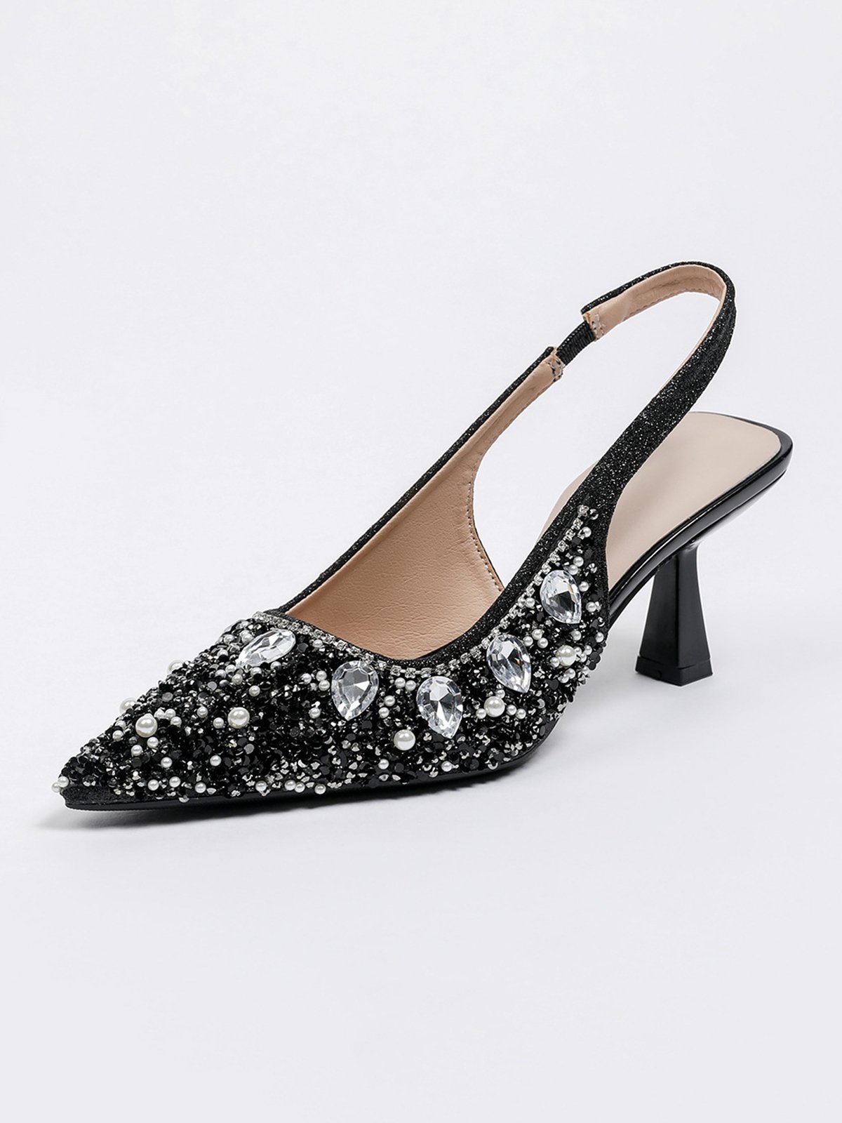 Elegant Plain Height Increasing Slip On Block Heel Back Empty  Shoes Glitter