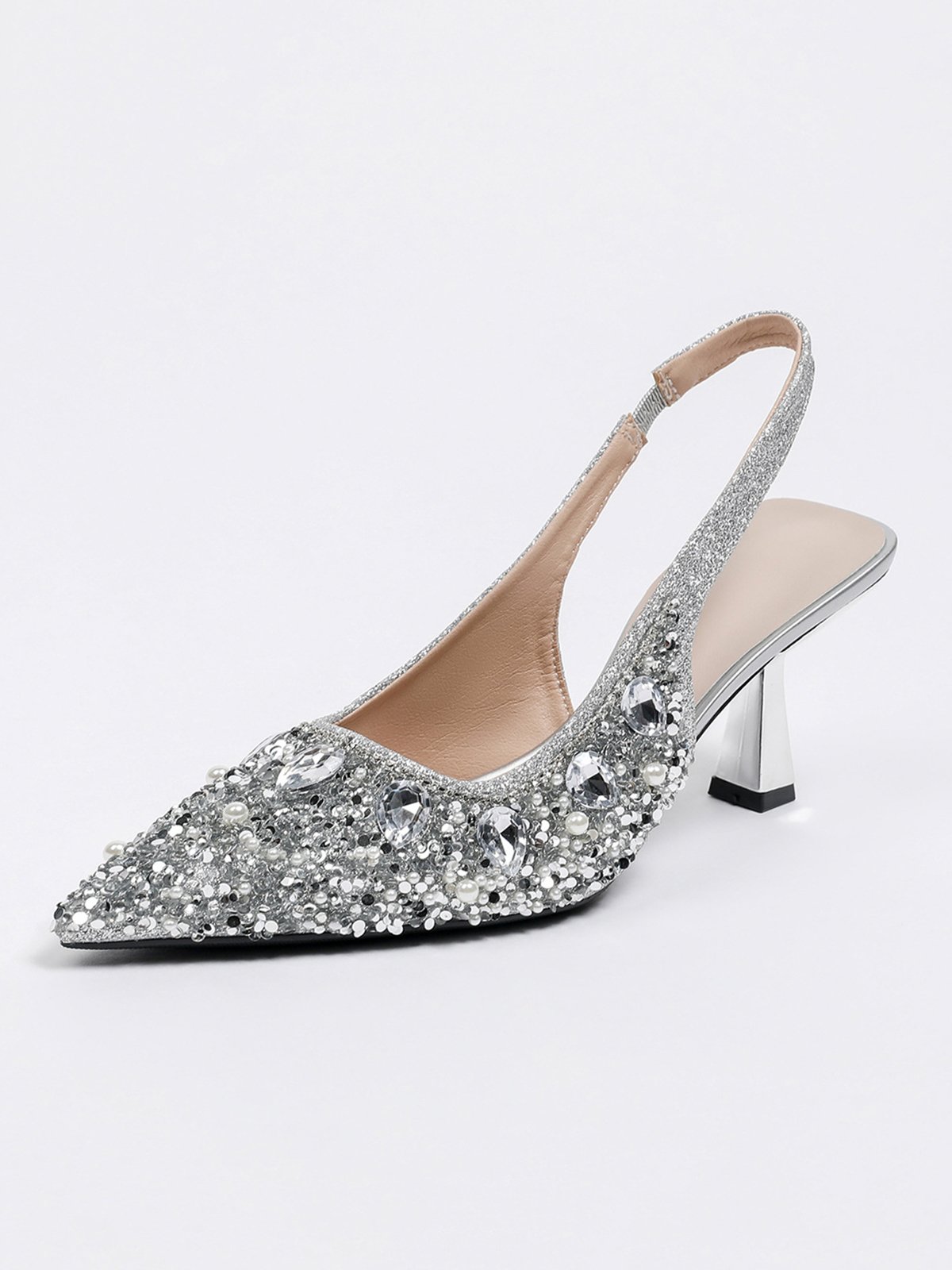 Elegant Plain Height Increasing Slip On Block Heel Back Empty  Shoes Glitter