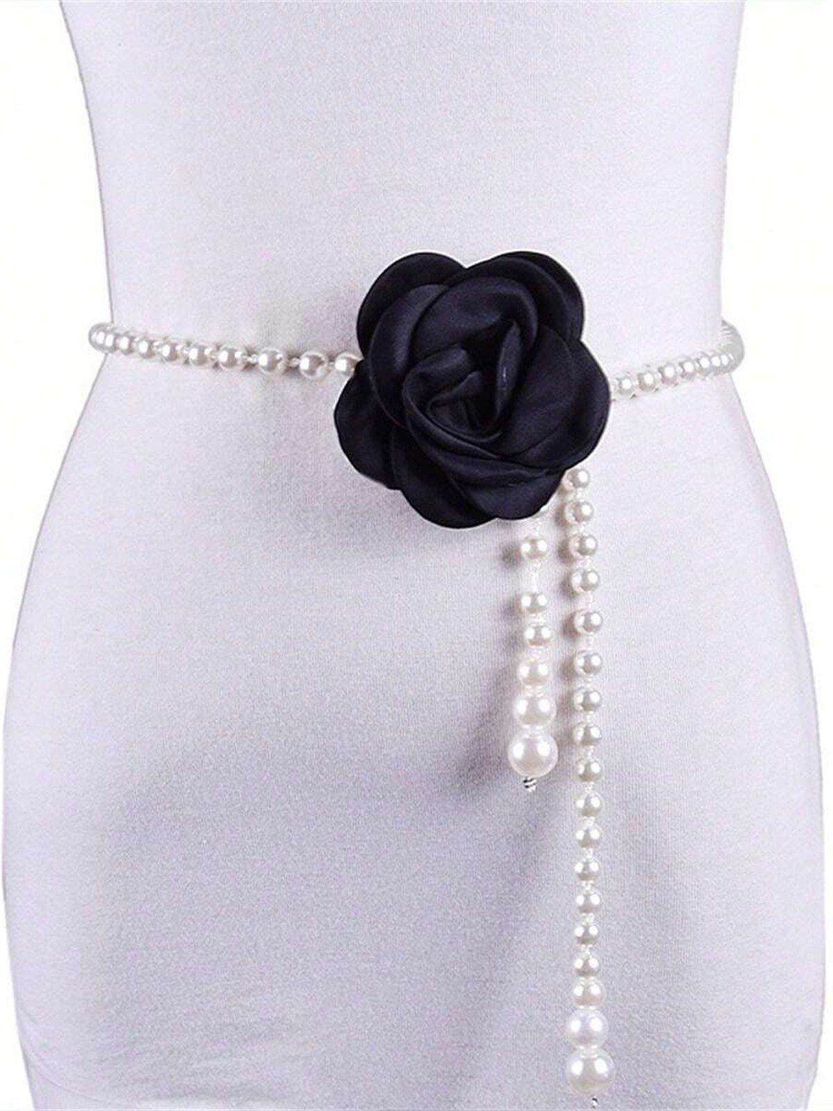 Elegant Camellia Flower Waist Chain Faux Pearls Necklace