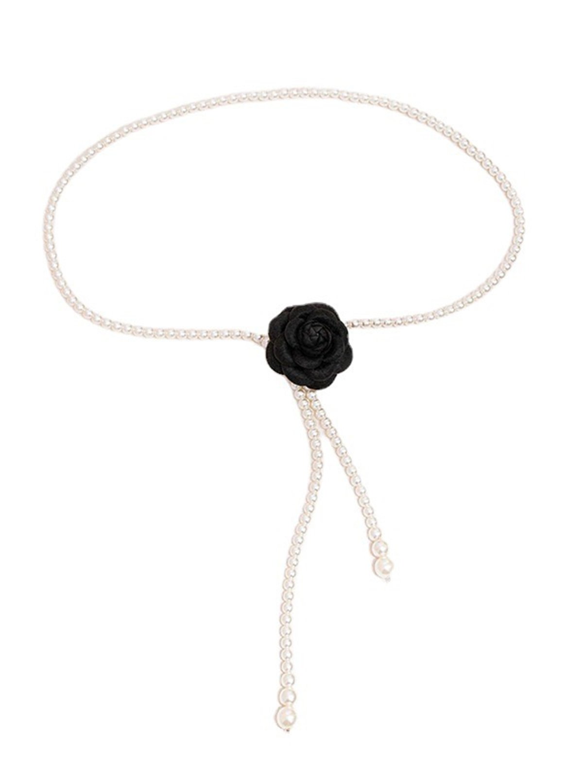 Elegant Camellia Flower Waist Chain Faux Pearls Necklace