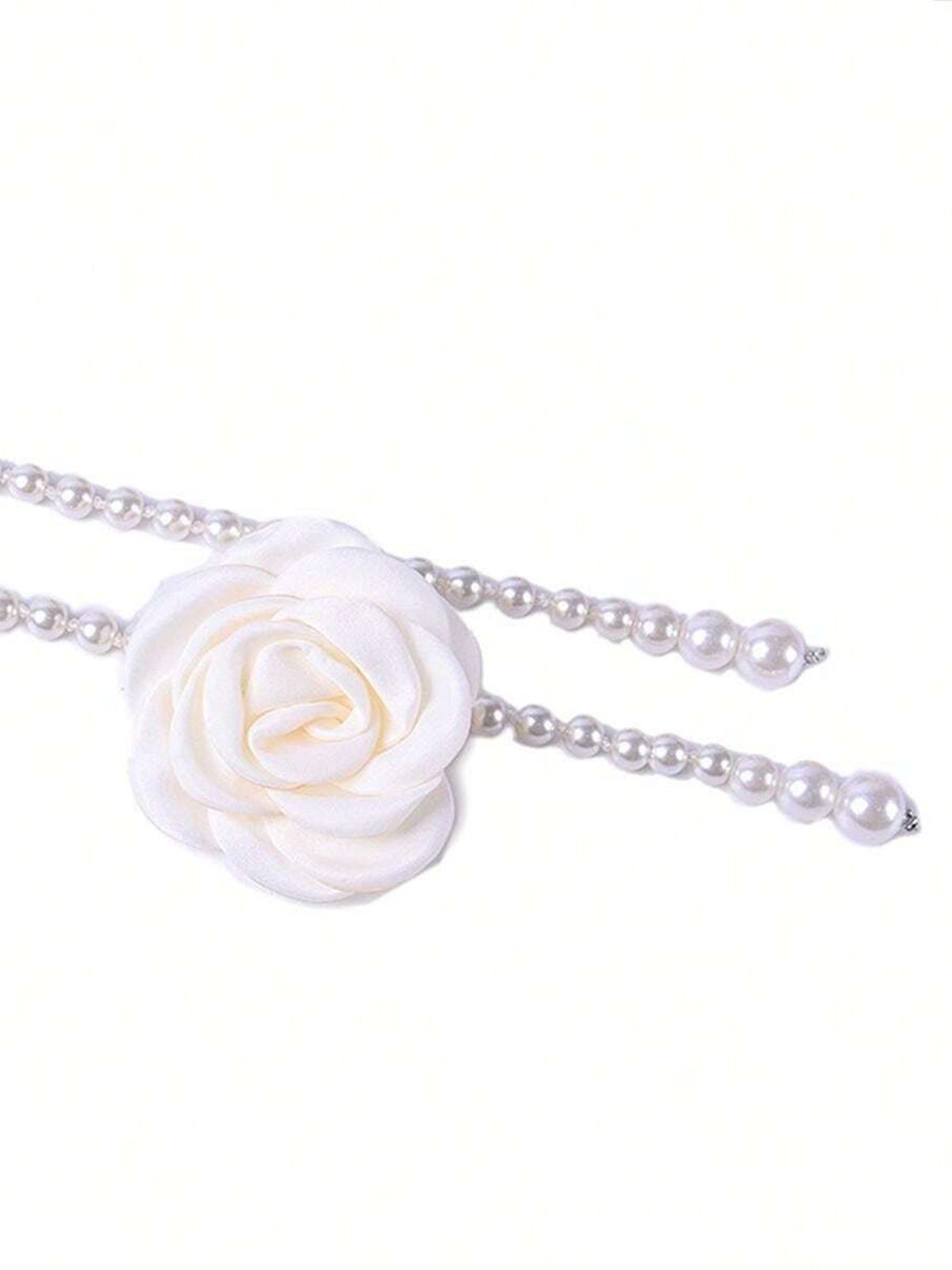 Elegant Camellia Flower Waist Chain Faux Pearls Necklace