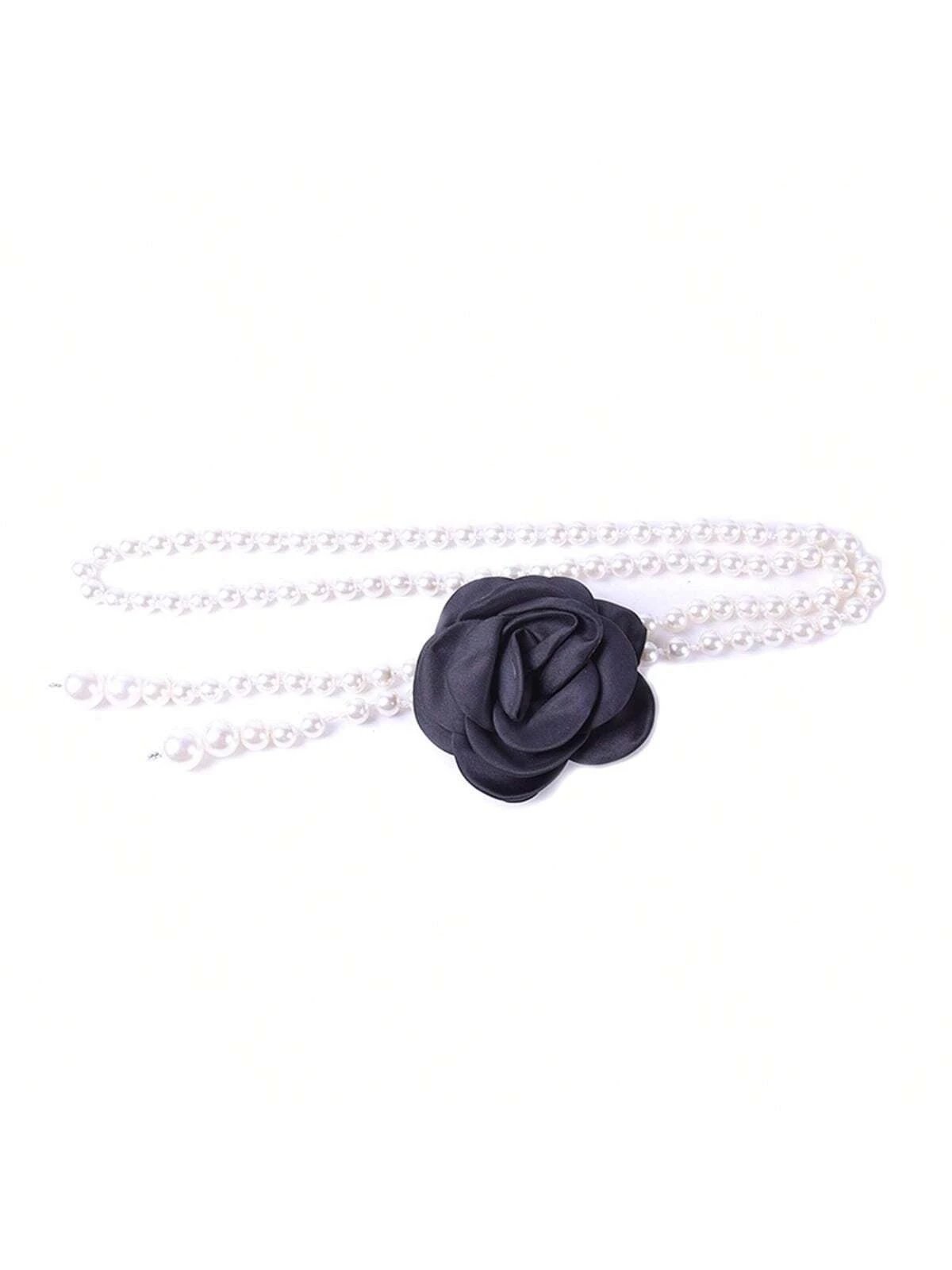 Elegant Camellia Flower Waist Chain Faux Pearls Necklace