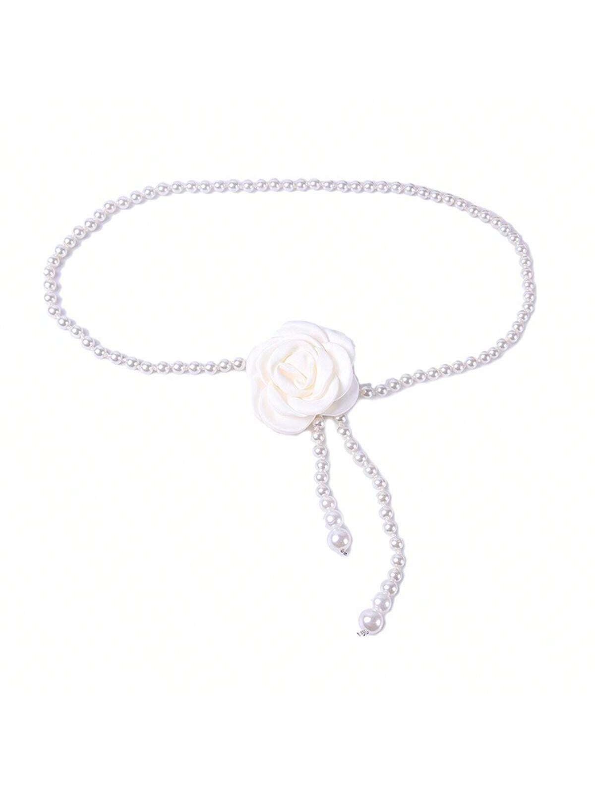 Elegant Camellia Flower Waist Chain Faux Pearls Necklace