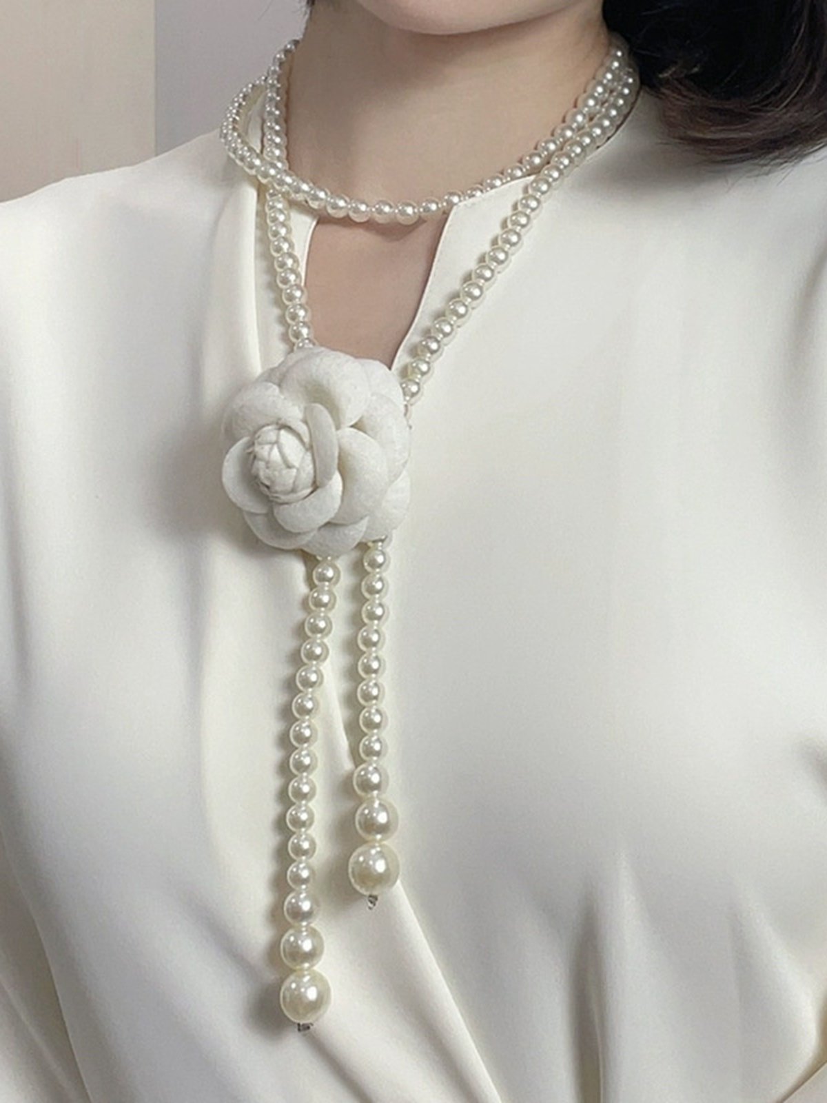 Elegant Camellia Flower Waist Chain Faux Pearls Necklace