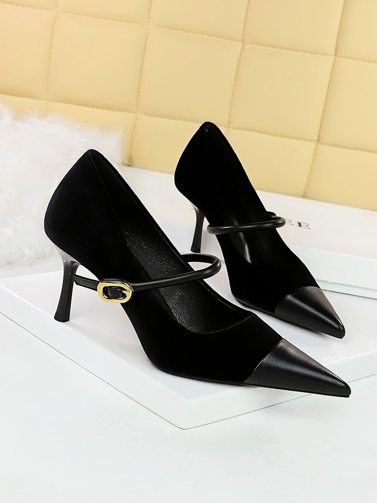 Elegant Plain Height Increasing Adjustable Buckle Block Heel Mary Jane Split Joint