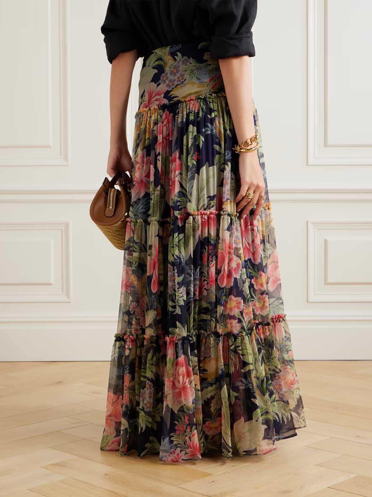 Vintage Floral A-Line Natural Maxi Skirt