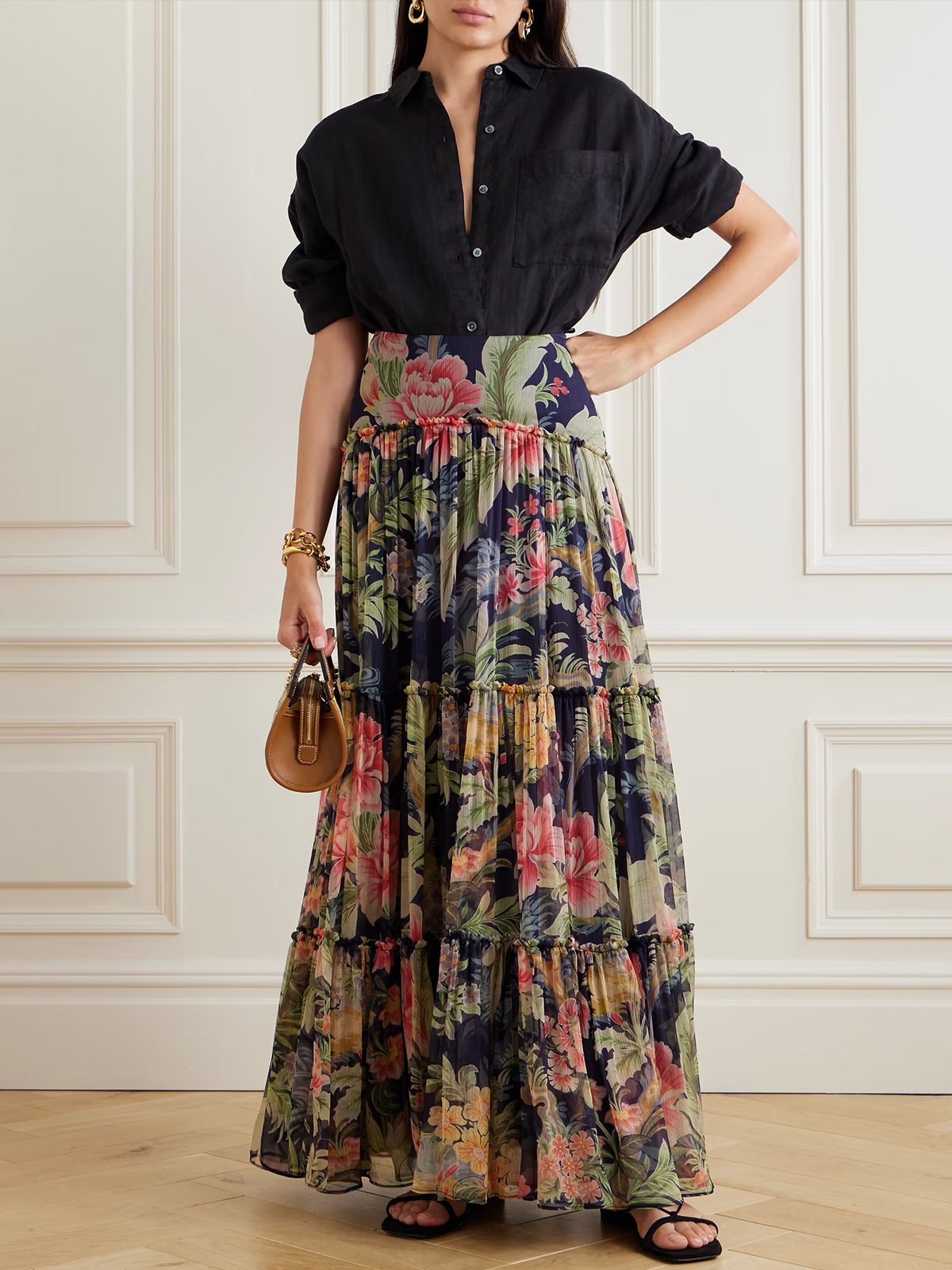 Vintage Floral A-Line Natural Maxi Skirt