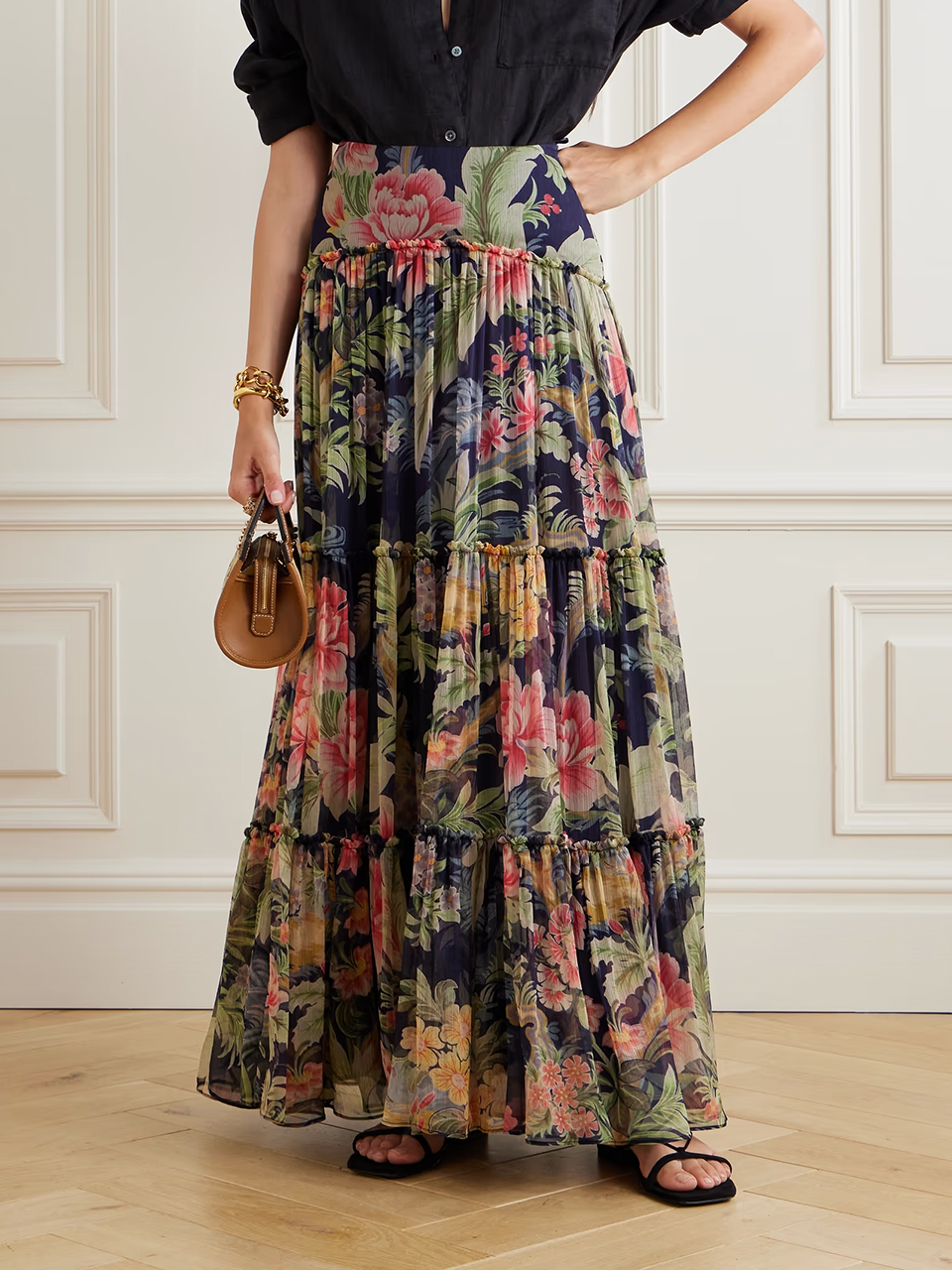 Vintage Floral A-Line Natural Maxi Skirt