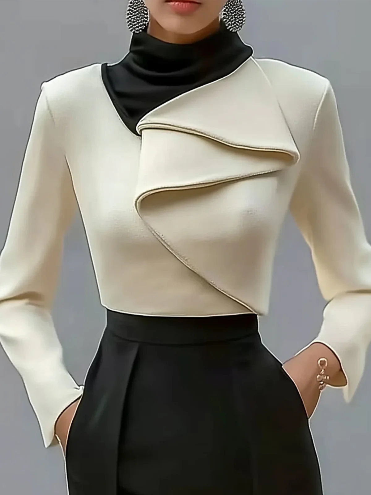 Turtleneck Long Sleeve Color Block Regular Micro-Elasticity Regular Fit Blouse For Women